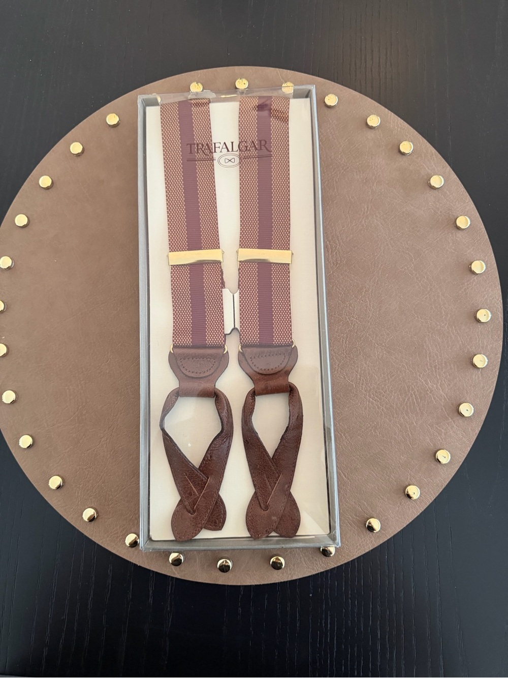 NWOT Trafalgar Burgundy Striped Woven Button End Braces Suspenders Leather